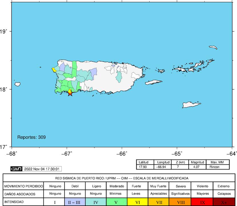 Mapa que muestra los pueblos desde donde se reportó como sentido un sismo registrado en la madrugada del 4 de noviembre de 2022.