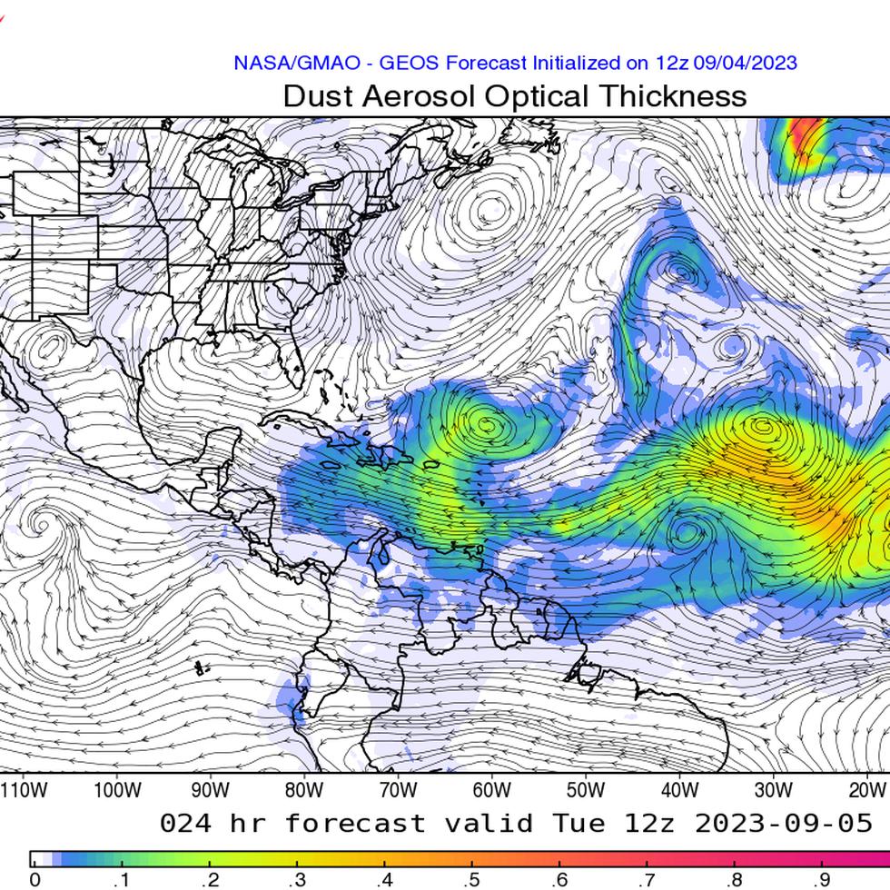 Proyección de modelo de la NASA que muestra dónde estará una masa de polvo del Sahara sobre Puerto Rico en la mañana del 5 de septiembre de 2023.