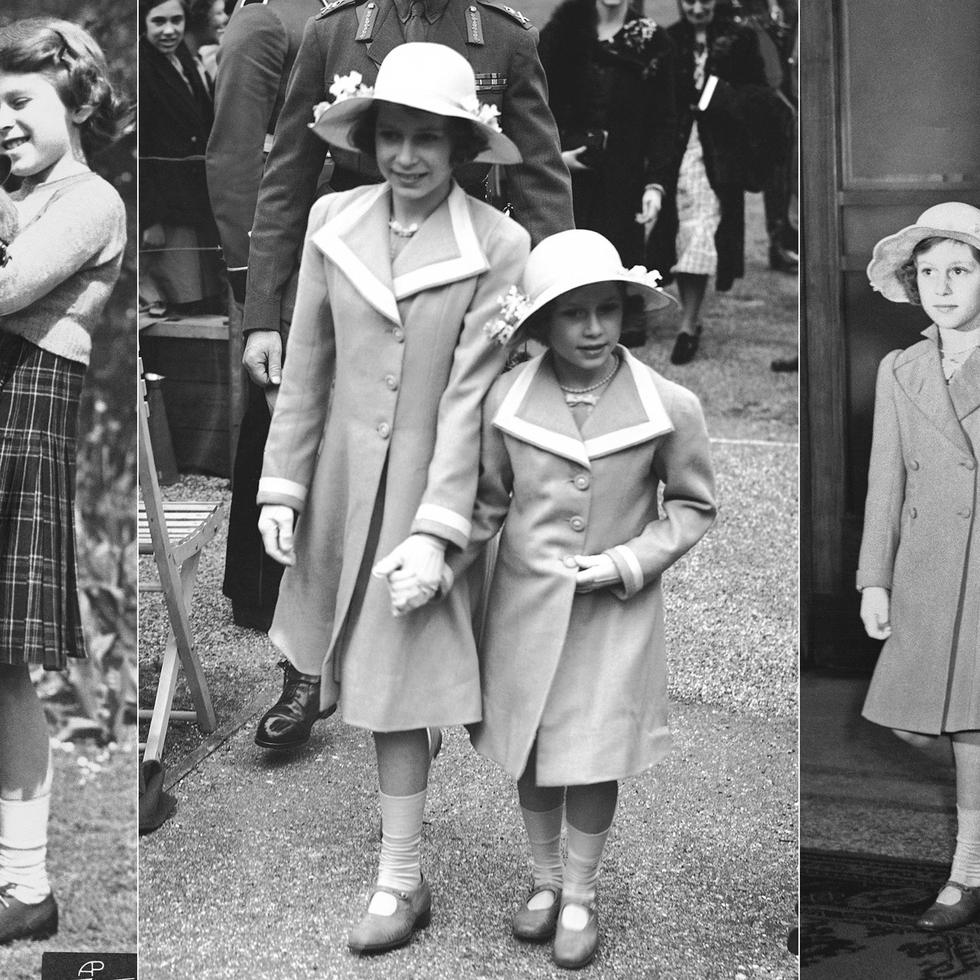 En esta combinación de fotografías, de izquierda a derecha, la princesa Margarita le da una galleta a un perro Pembrokeshire Corgi que sostiene la princesa Isabel el 5 de julio de 1936. La princesa Isabel y la princesa Margarita el 7 de junio de 1938 y la princesa Margarita y la princesa Isabel en la muestra ecuestre internacional en Londres el 21 de junio de 1939. Las princesas solían ser vestidas igual cuando eran niñas y adolescentes.