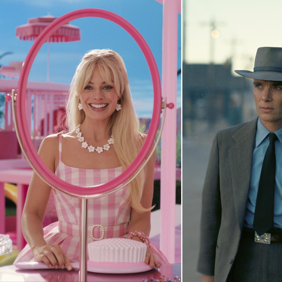 Margot Robbie en una escena de "Barbie", a la izquierda, y a Cillian Murphy en una escena de "Oppenheimer", son los protagonistas de estas exitosas películas de 2023.