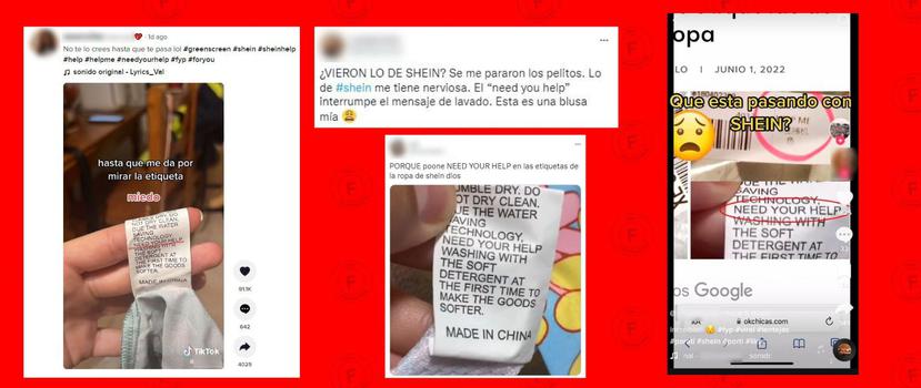 Las capturas muestran publicaciones en redes sociales que enseñan supuestas etiquetas en piezas de ropa de la empresa Shein.