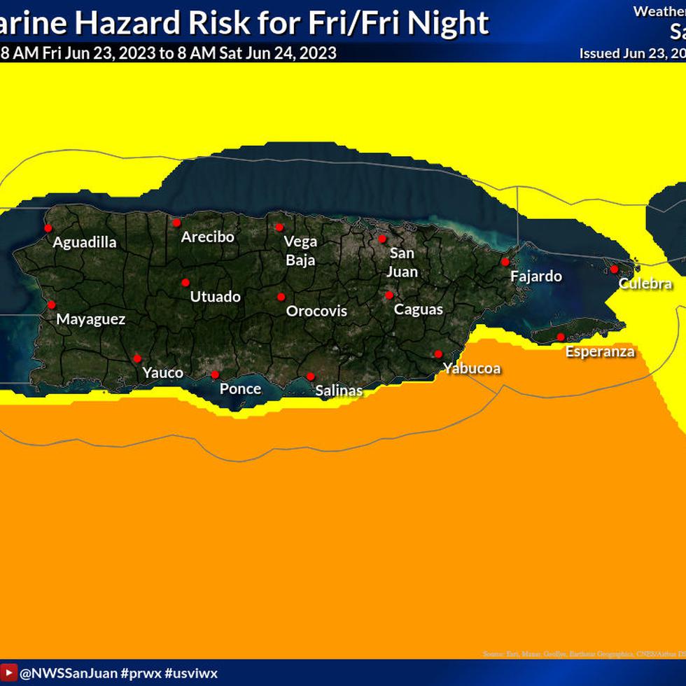 Mapa que muestra los riesgos por condiciones marítimas peligrosas este 23 de junio de 2023. El color amarillo representa riesgo limitado y el anaranjado riesgo elevado.