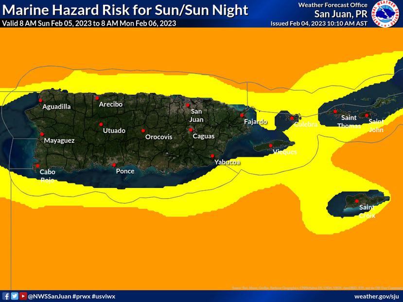Mapa que muestra los riesgos por condiciones marítimas peligrosas para el domingo, 5 de febrero de 2023. El amarillo es riesgo limitado y el anaranjado riesgo elevado.