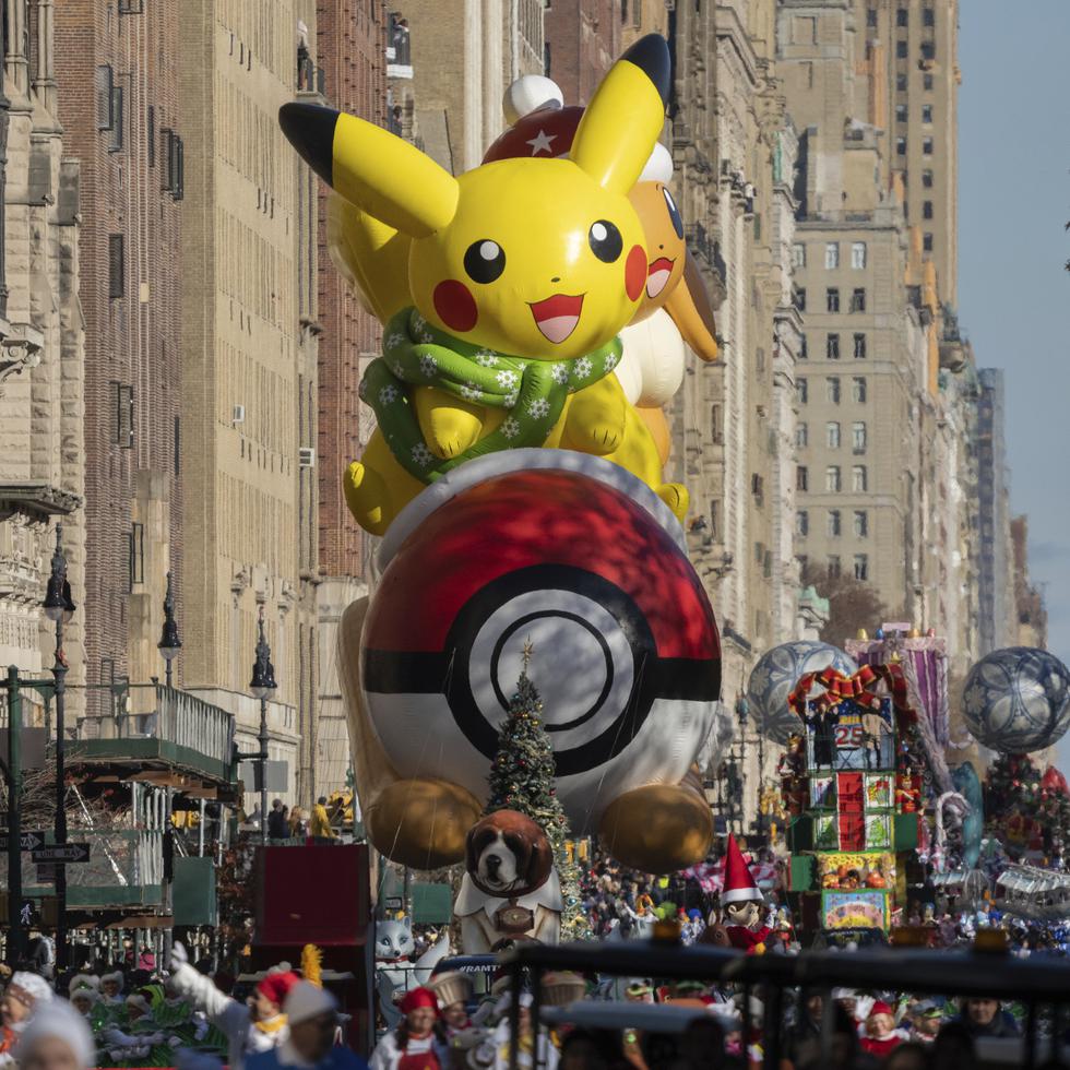 Pikachu & Eevee balloon floats by along Central Park West during the Macy's Thanksgiving Day parade, Thursday, Nov. 23, 2023, in New York. (AP Photo/Jeenah Moon)