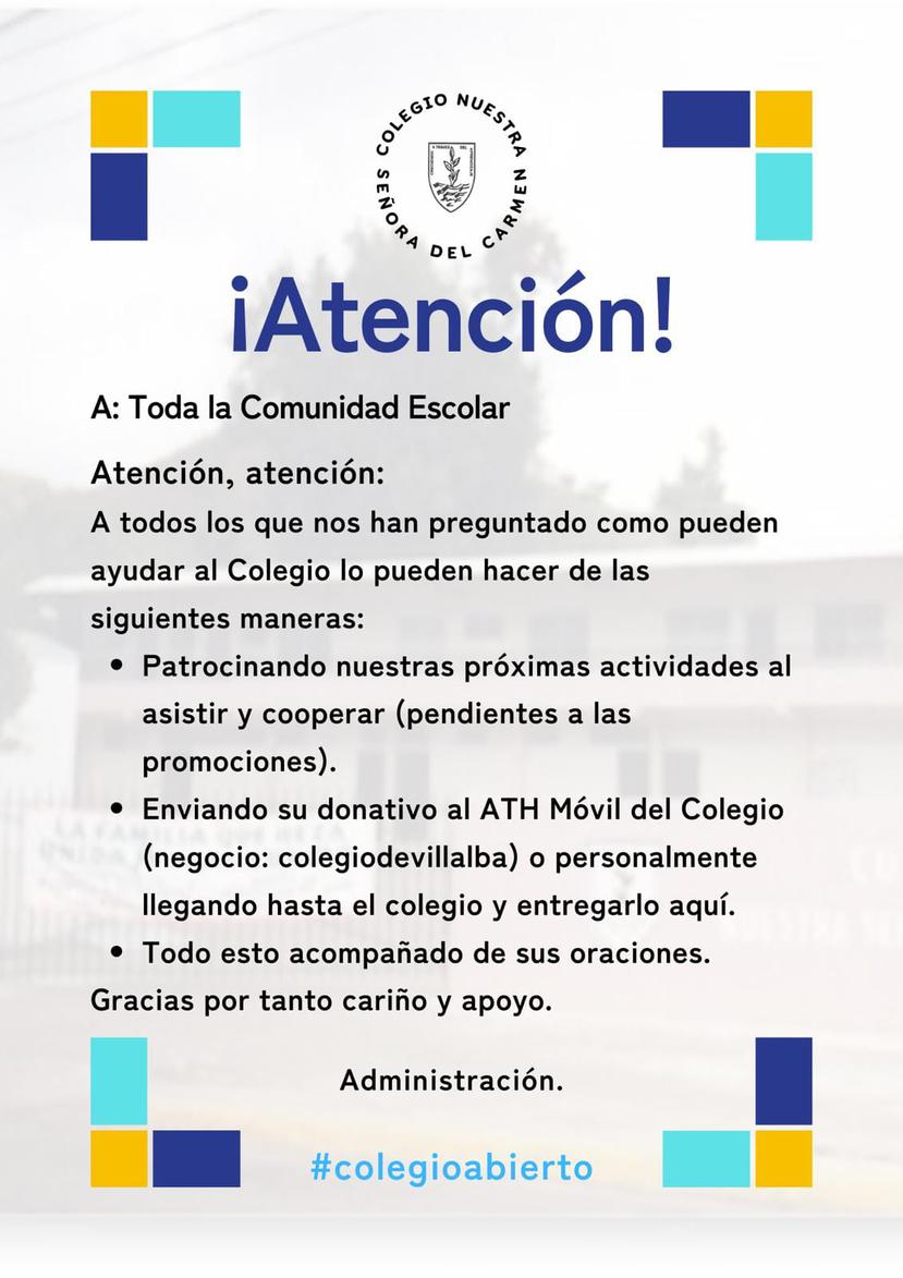 Colegio Nuestra Señora del Carmen en Villalba le pidió a su comunidad aportaciones monetarias a través de su red social de Facebook.