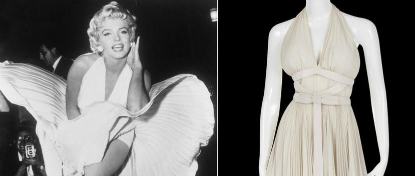 Esta fotografía muestra a la actriz Marilyn Monroe que posa sobre una rejilla del metro de Nueva York durante el rodaje de “The Seven Year Itch”, a la izquierda, y el vestido, a la derecha, que utilizó en aquella ocasión. (Foto: AP)