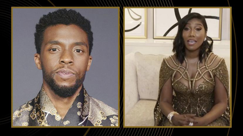 Taylor Simone Ledward Boseman acepta el Globo de Oro al mejor actor en una película de drama en nombre de su difunto esposo, Chadwick Boseman, por su trabajo en "Ma Rainey's Black Bottom".