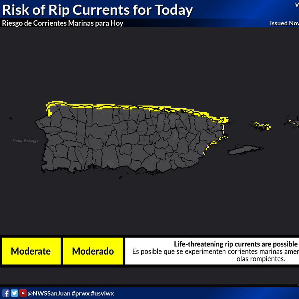 Existe un riesgo moderado de corrientes marinas para la costa norte y este de Puerto Rico, al igual que para la isla municipio de Culebra.