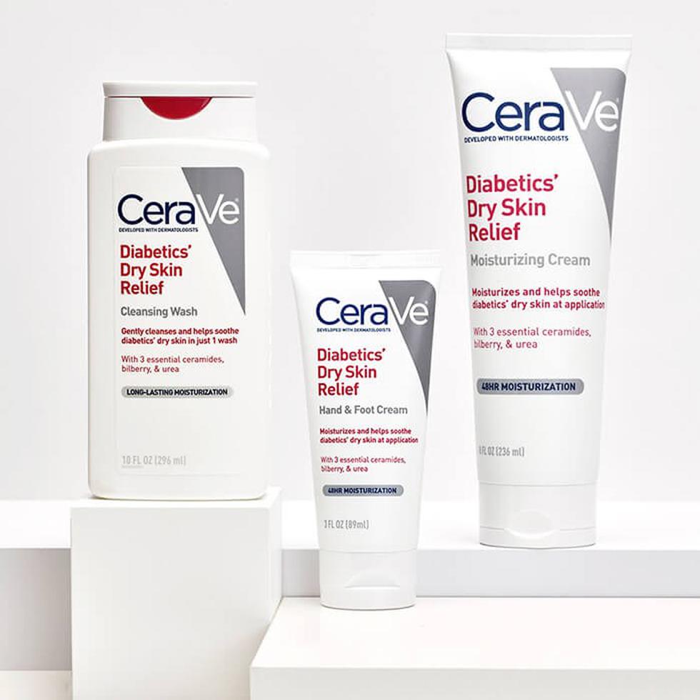 CeraVe ofrece la línea Diabetics’ Dry Skin Relief con Cleansing Wash, Hand & Foot Cream y Moisturizing Cream.