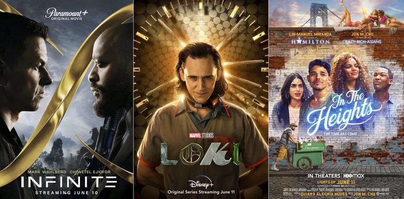 La película "Infinite", la serie "Loki" y la cinta musical "In the Heights" se estrenan esta semana en cine o servicios de streaming. (Paramount+/Disney+/HBO Max vía AP)