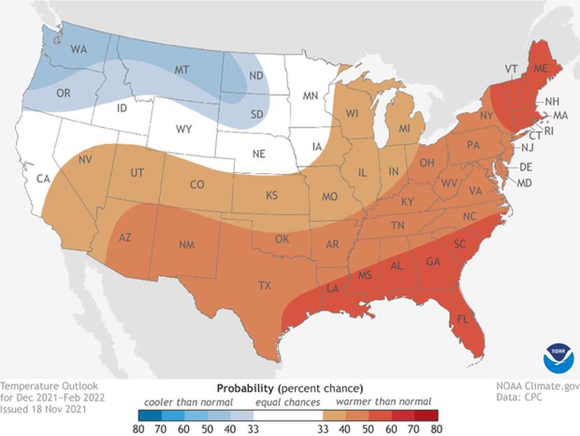 Pronóstico de anomalías en temperaturas durante el invierno 2021-2022 en Estados Unidos.