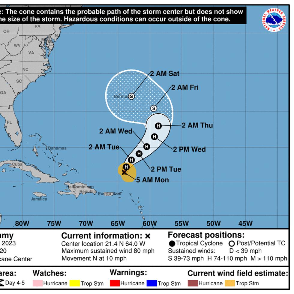 El huracán Tammy comienza un giro hacia el norte y se espera que en la tarde del lunes haga otro giro, esta vez al noreste.