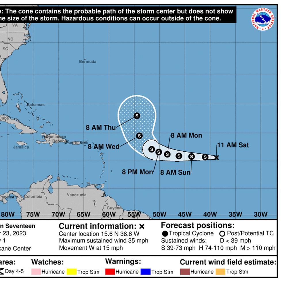 Primera trayectoria oficial pronosticada para la depresión tropical 17, según el boletín de las 11:00 a.m. del 23 de septiembre de 2023.