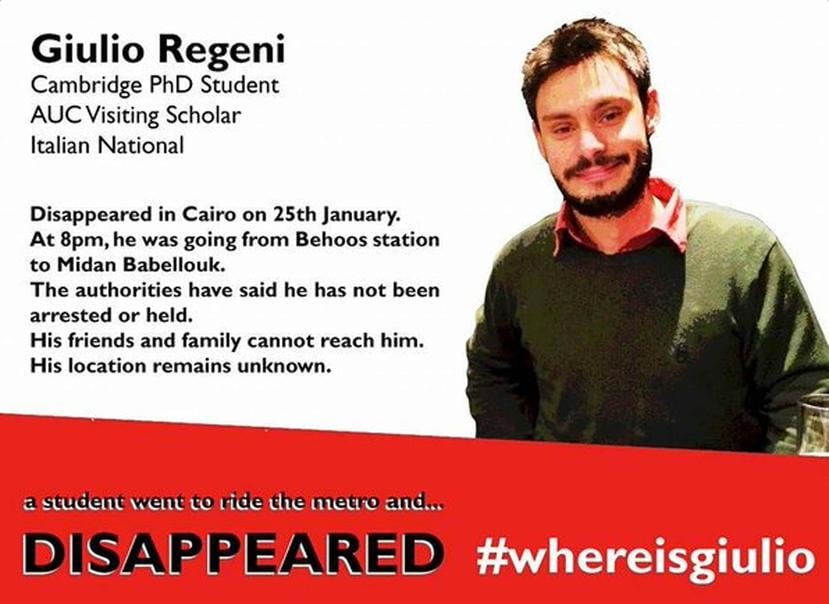 Giulio Regini, de 28 años, desapareció el 25 de enero, durante el aniversario de la insurrección de 2011. (AP)