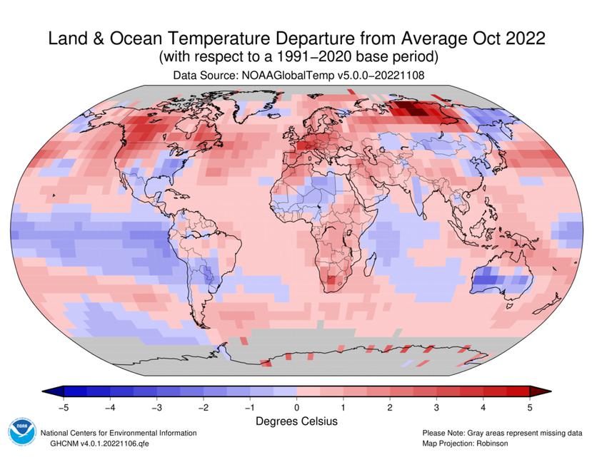 Anomalías de temperaturas globales durante octubre de 2022. Colores rojos implican que la temperatura estuvo por encima del promedio, mientras que colores azul significan que estuvo por debajo del promedio.