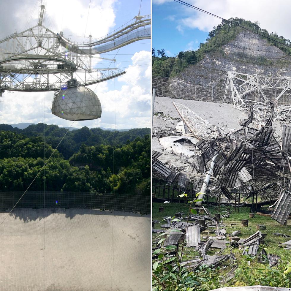 El radiotelescopio de Arecibo, antes y después del colapso ocurrido el 1 de diciembre de 2020.