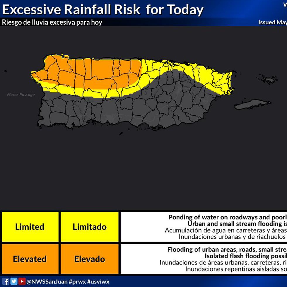 Se espera la mayor cantidad de lluvia para el noroeste de la isla, aunque todo el norte también se encuentra bajo riesgo limitado.