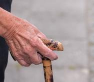 Hand of an old man on a walking stick