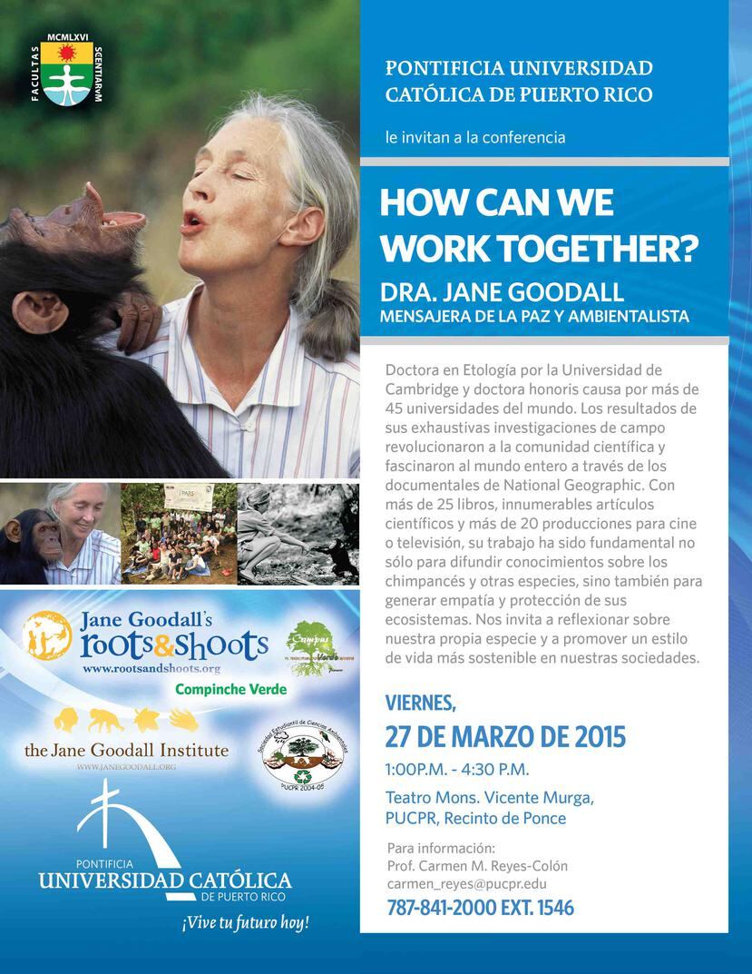 La investigadora de los chimpancés, la doctora Jane Goodall, dará la conferencia “How can we work together?”, mañana viernes, a la 1:00 pm. en el Teatro Vicente Murga, en la Pontificia Universidad Católica de Puerto Rico, en Ponce. (Suministrada / PUCPR)