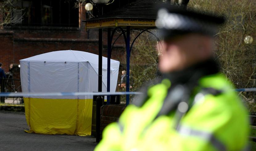 Un agente de policía británico permanece en guardia en Salisbury, Reino Unido (EFE/ Neil Hall).