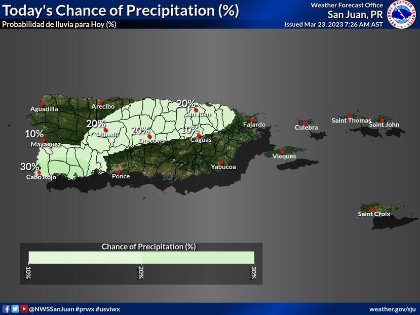 Pronóstico de probabilidad de lluvias para el jueves, 23 de marzo de 2023.