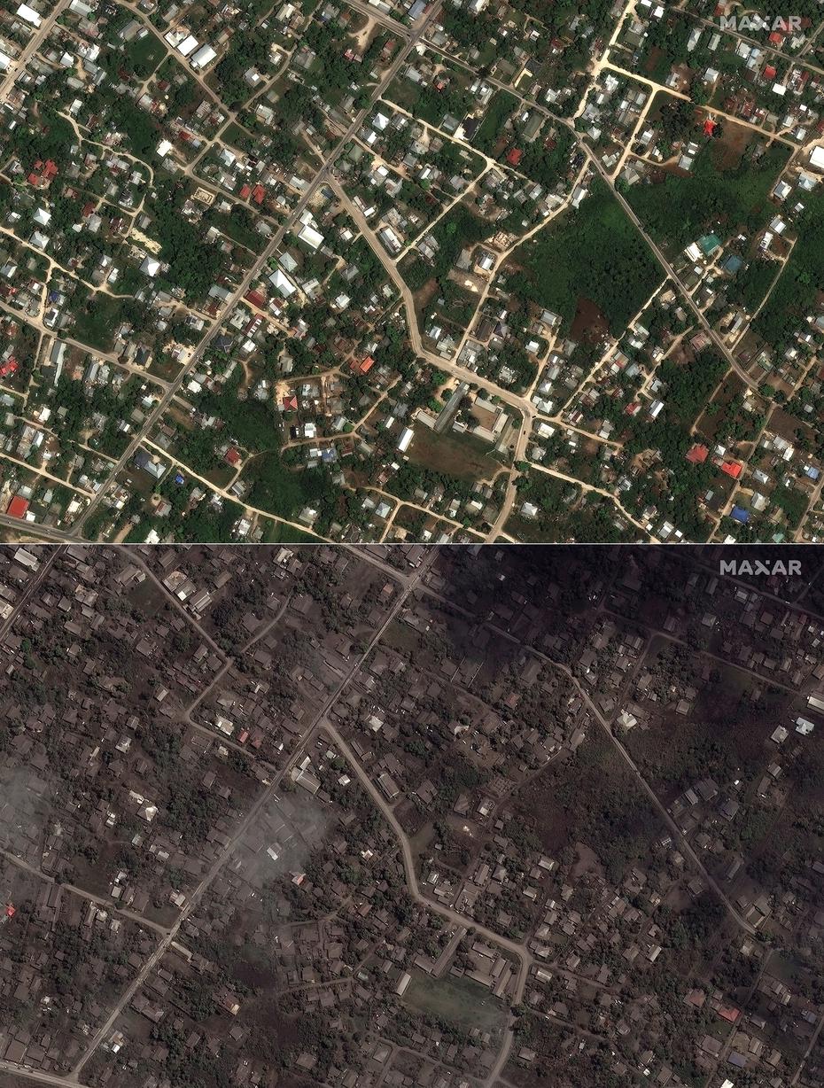 Antes y después de la erupción en Tonga.
