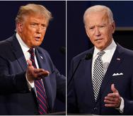 FILE - This combination of Sept. 29, 2020, file photos shows President Donald Trump, left, and former Vice President Joe Biden during the first presidential debate at Case Western University and Cleveland Clinic, in Cleveland, Ohio. (AP Photo/Patrick Semansky, File)