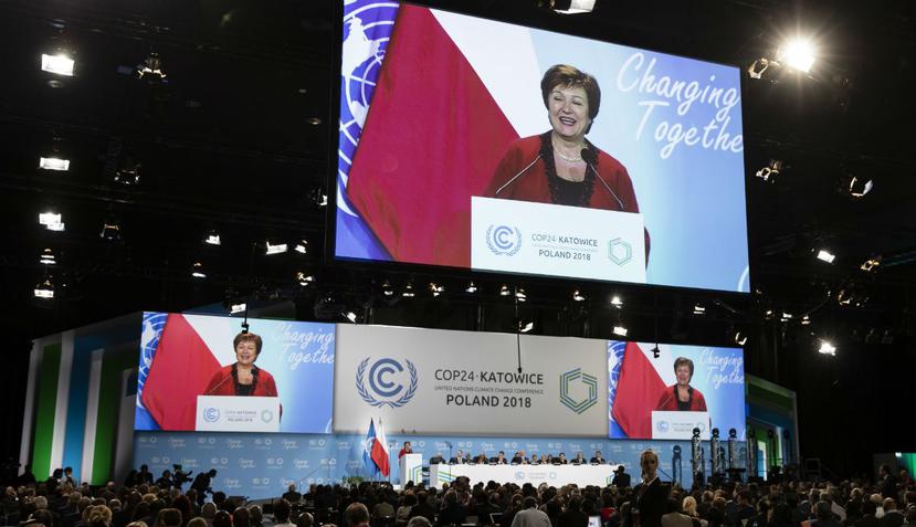 La directora del Banco Mundial, Kristalina Georgieva, pronuncia su discurso durante la ceremonia inaugural de la Cumbre del Clima (COP24). (AP)