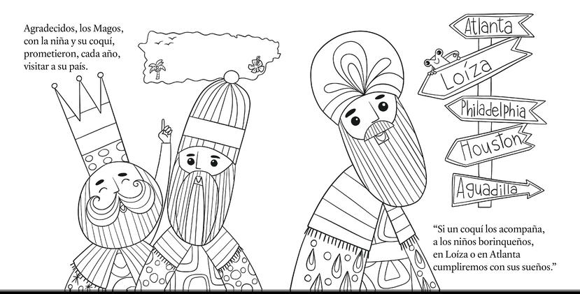 La ilustración, creada por Nívea Ortiz Montañez, es parte del libro Un Coquí de Boriquén con los Reyes a Belén. Utiliza tus colores favoritos para colorearla.