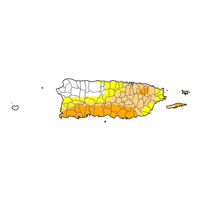 Mapa que muestra en amarillo las áreas bajo condiciones atípicamente secas, en color crema las áreas con sequía moderada y en anaranjado la sequía severa. (USDM)