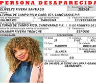 Celivelys Rivera Santiago fue reportada como desaparecida por su esposo a eso de las 9:32 de la mañana de ayer, en Alturas de Campo Rico, carretera PR-871, en Canóvanas.