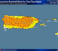 Mapa que muestra los niveles de riesgo por lluvias en exceso para este martes, 27 de septiembre de 2022.