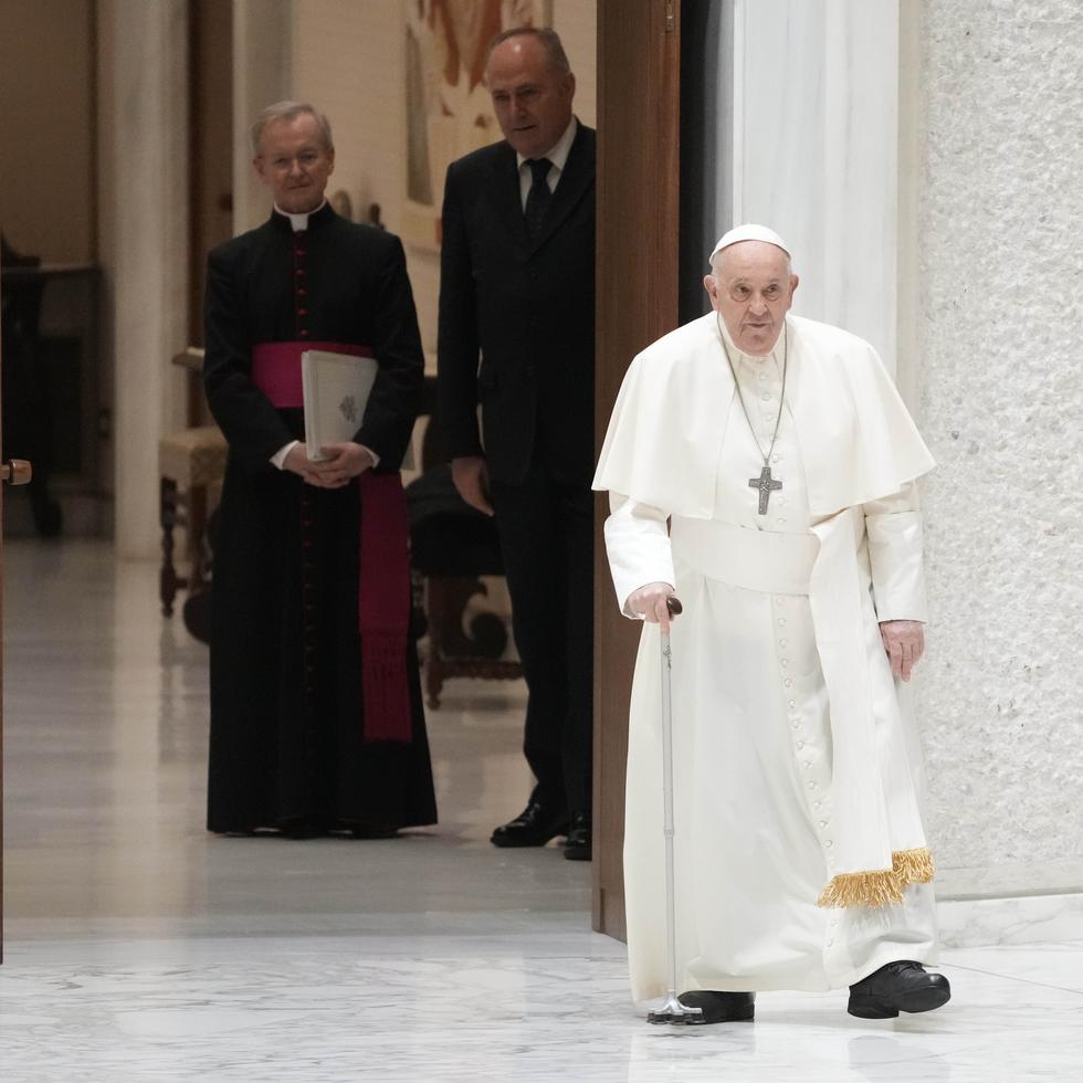 Pope Francis arrives in the Paul VI hall on the occasion of the weekly general audience at the Vatican, Wednesday, March 27, 2024. (AP Photo/Gregorio Borgia)