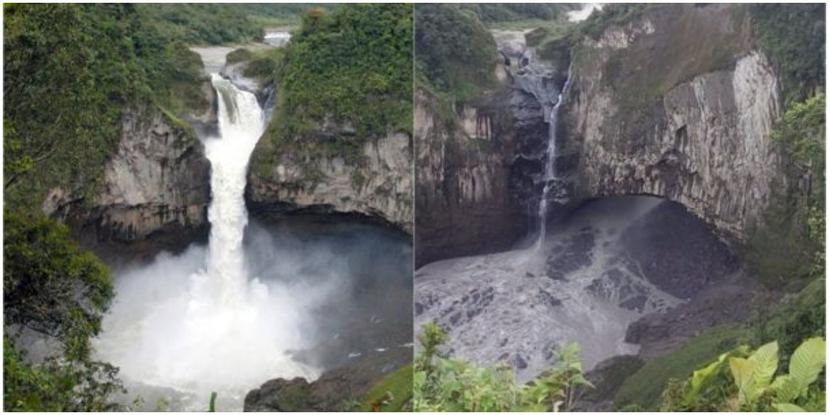 El antes y el después de la cascada de San Rafael, en Ecuador. (Ministerio de Turismo de Ecuador / Ministerio de Ambiente de Ecuador)