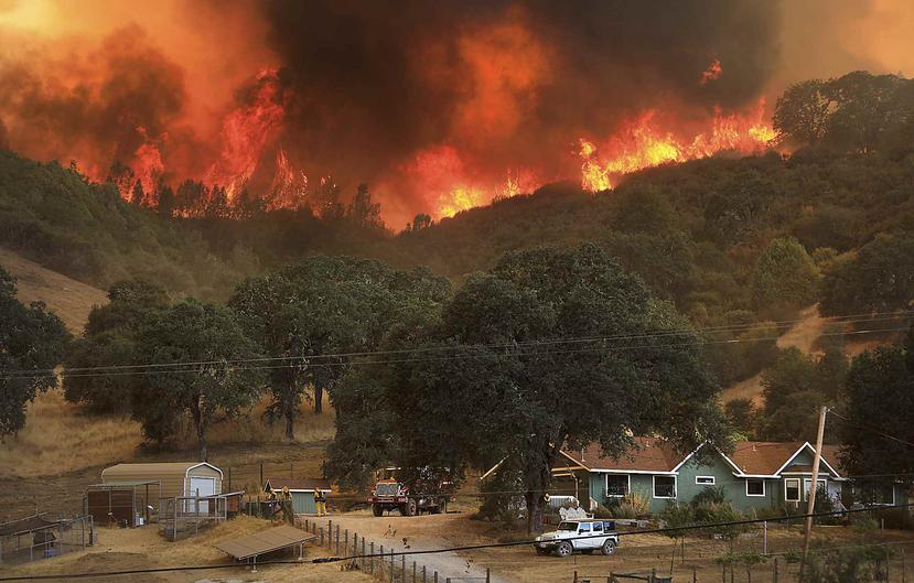 Las llamas de un incdendio forestal avanzan cuesta abajo, amenazando casas en Scotts Valley Road, California. (AP)