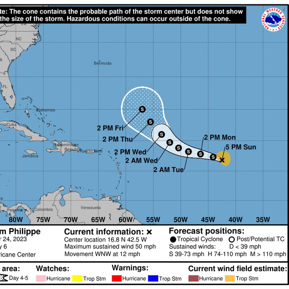 Trayectoria tormenta tropical Philippe en el boletín de las 5:00 p.m. del 24 de septiembre de 2023.