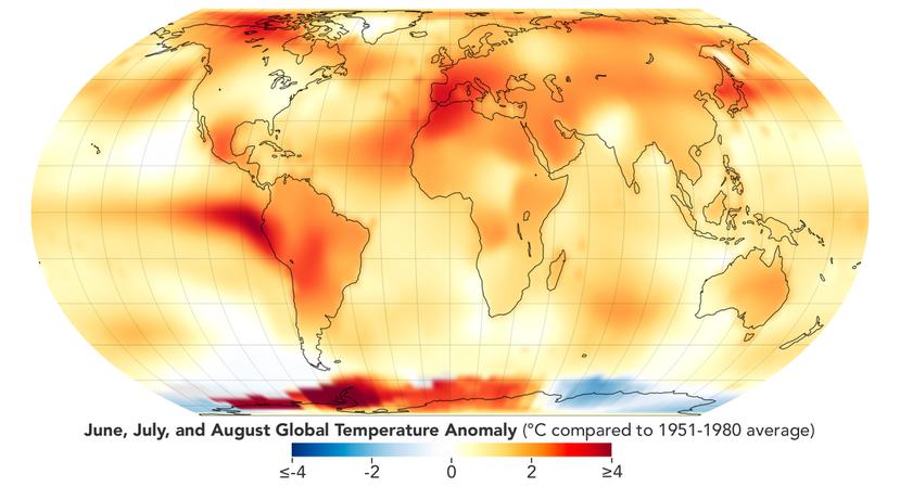 Este mapa muestra las anomalías globales de temperatura para el verano de 2023 (junio, julio y agosto). Las anomalías reflejan cuán cálidas o frías fueron las diferentes regiones en comparación con el promedio de referencia de 1951 a 1980.