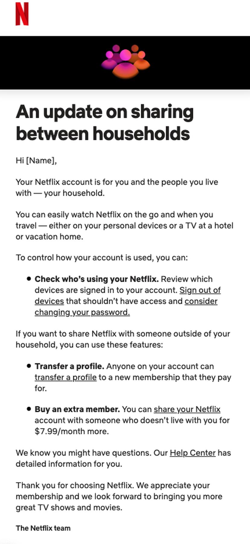 Así se verá el correo electrónico que le llegará a los usuarios de Netflix anunciando la restricción en el compartir de una cuenta.