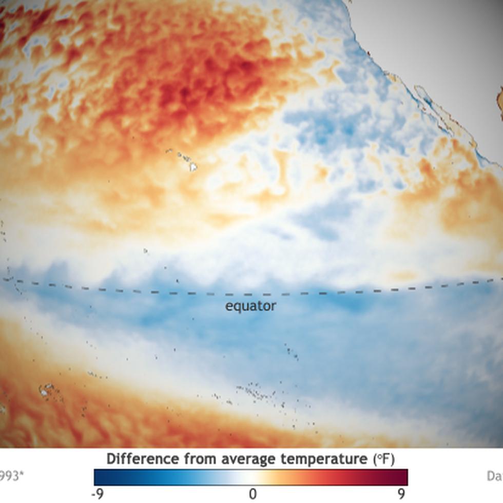 Mapa del Centro de Predicción Climática que muestra en azul las temperaturas de la superficie del océano Pacífico que se mantuvieron por debajo del promedio, durante el pasado mes de abril 2022.