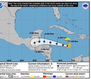 Trayectoria pronosticada para la tormenta tropical Lisa a las 11:00 de la mañana.