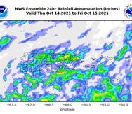 Mapa que muestra el estimado en acumulación de lluvias que podría experimentar la isla este 14 de octubre de 2021.