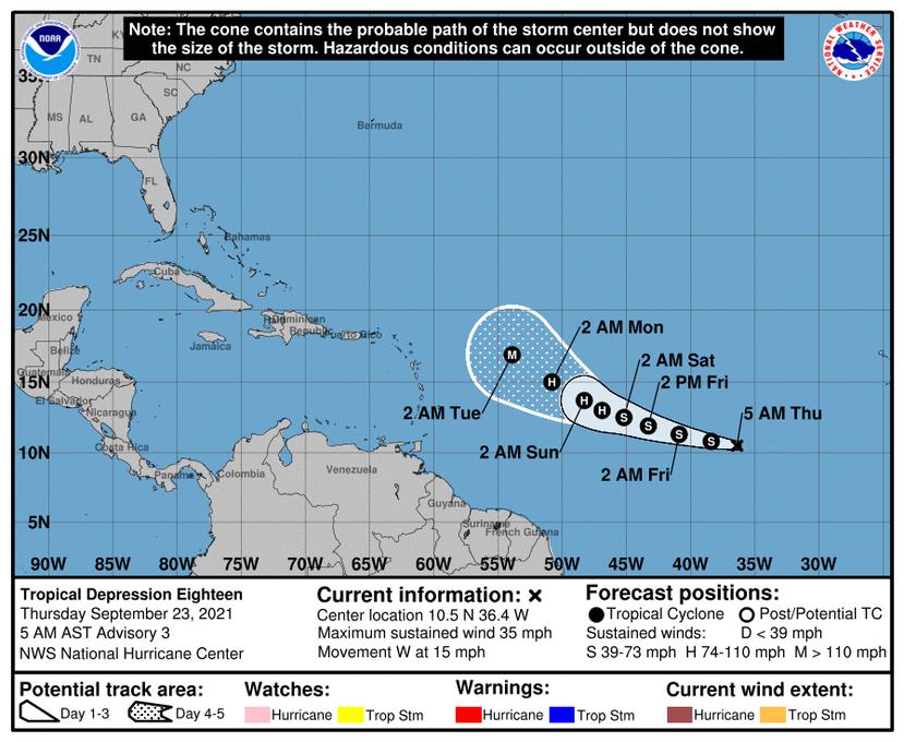 La trayectoria pronosticada para la depresión tropical 18 a las 5:00 de la mañana del jueves, 23 de septiembre de 2021.