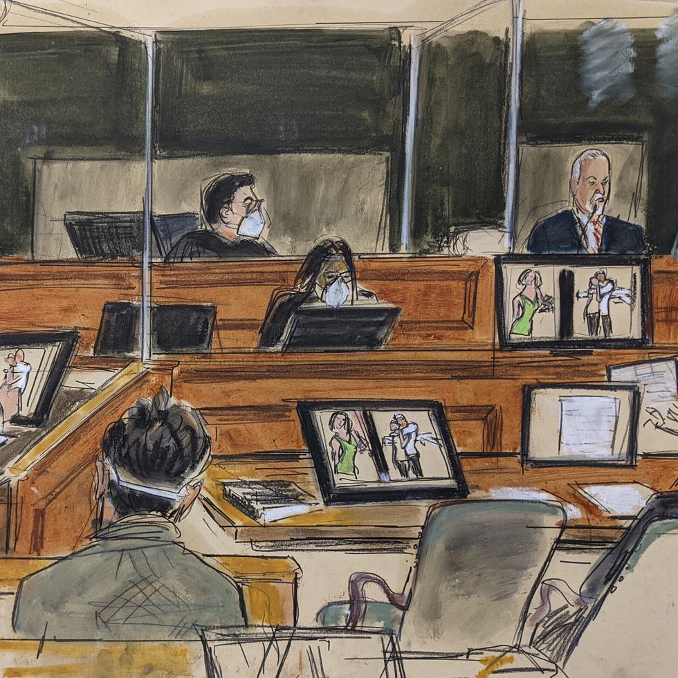 Boceto de una sala de tribunal en el juicio a la socialité británica Ghislaine Maxwell por tráfico sexual, en Nueva York.