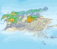 Imagen de radar de las condiciones del tiempo en Puerto Rico.