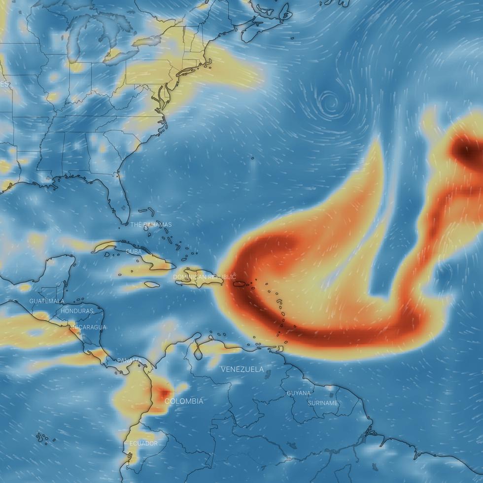 El portal Windy.com muestra la nube de SO2 del volcán de La Palma sobre Puerto Rico.