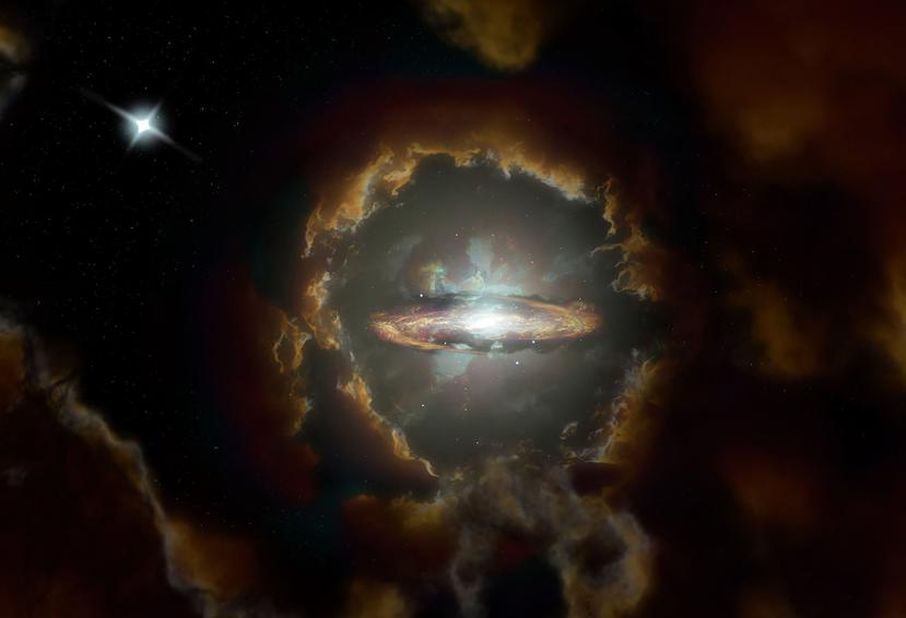Imagen artística de una galaxia gigante de disco giratorio de gas, que reta la teoría de que galaxias así podían alcanzar un tamaño tan grande tan temprano. (NRAO/AUI/NSF, S. Dagnello)