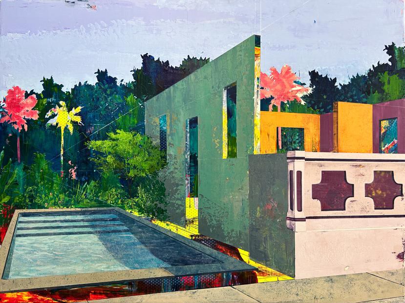 "Guest House with Pool in Arecibo", acrílico sobre canvas, 30" x 40", por Natalia Sánchez.