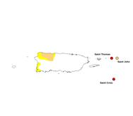Mapa que sombrea la porción de Puerto Rico bajo condiciones secas o de sequía, según el informe del 31 de agosto de 2023.