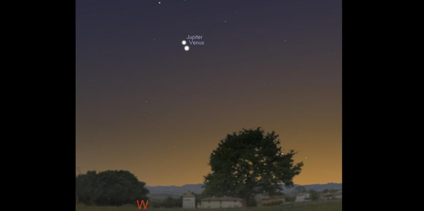El acercamiento aparente de Venus y Júpiter lucirá tan llamativo en las próximas noches, que será uno de los eventos astronómicos más notables de este año, informó la Sociedad de Astronomía del Caribe. (Ilustración suministrada / SAC)