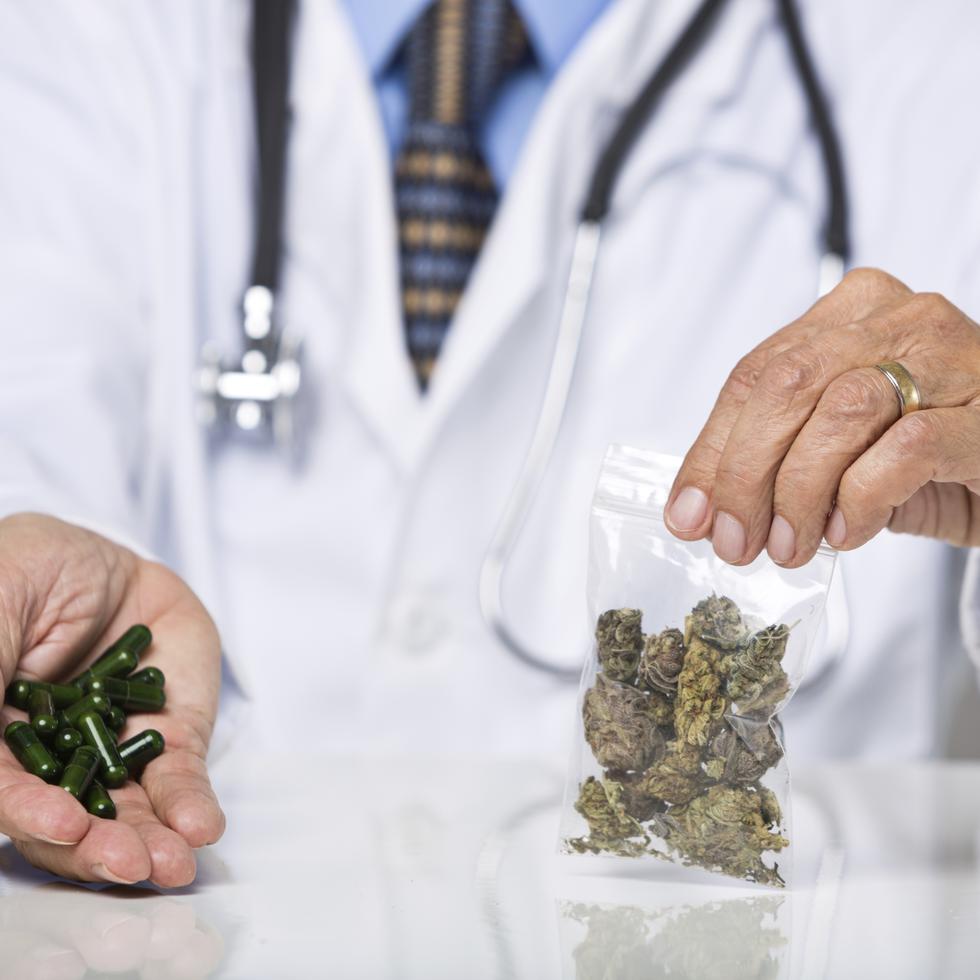 Doctor holding capsules and cannabis